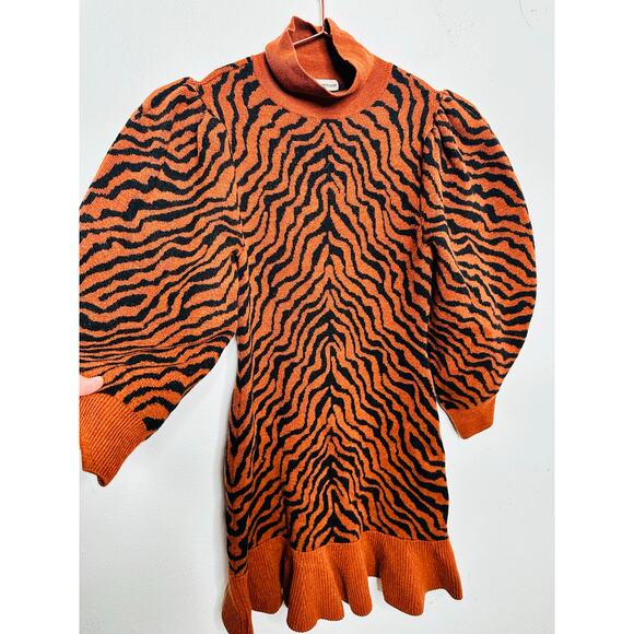 ULLA JOHNSON Red Black Zebra Printed 100% Merino Wool Puff Sleeves Joni Dress M - Picture 4 of 16